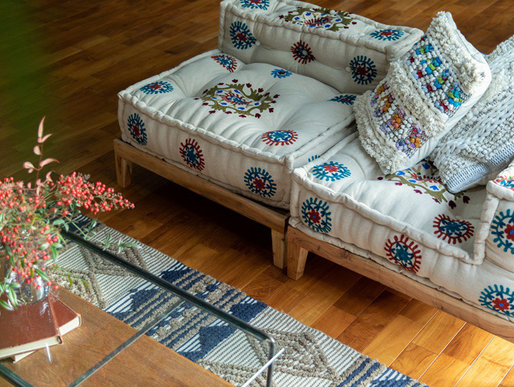 送料無料】ブロックマルチ ソファ コーナー マクラメ エンブロイダリー